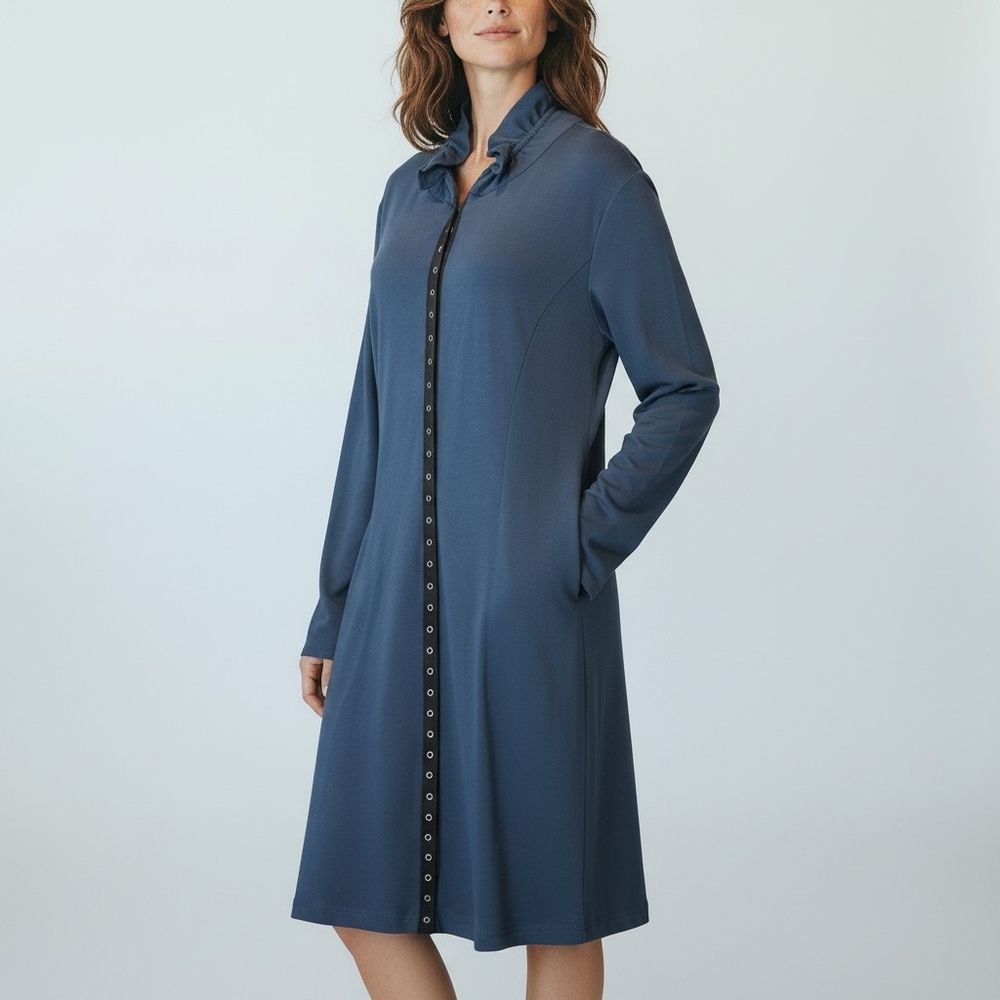 Chalet Blue Jersey Knit Snap Button Front Drawstring Back Longsleeve Dress Small